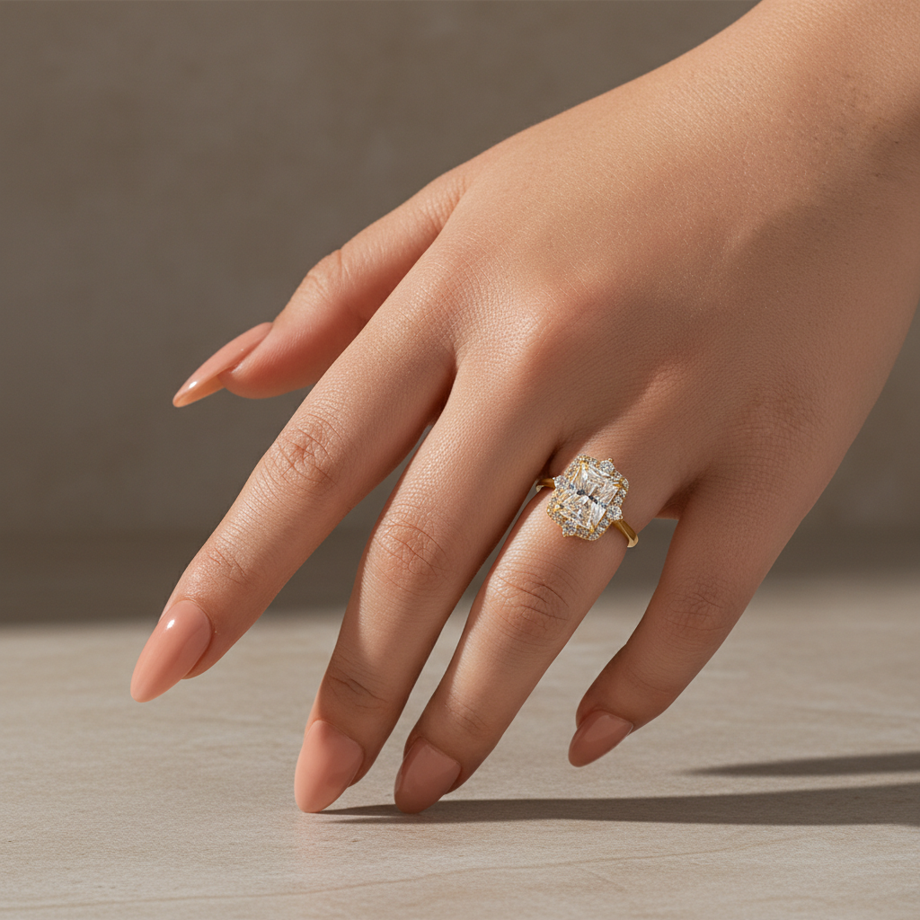 Gelovely Moissanite 3.0Ct Yellow Gold Halo Radiant Cut Engagement Ring