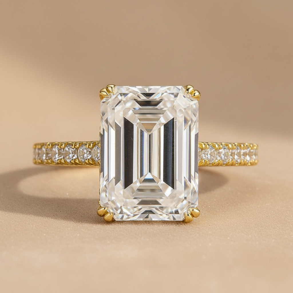 Gelovely Moissanite 4.5 Ct Emerald Cut Yellow Gold Engagement Ring