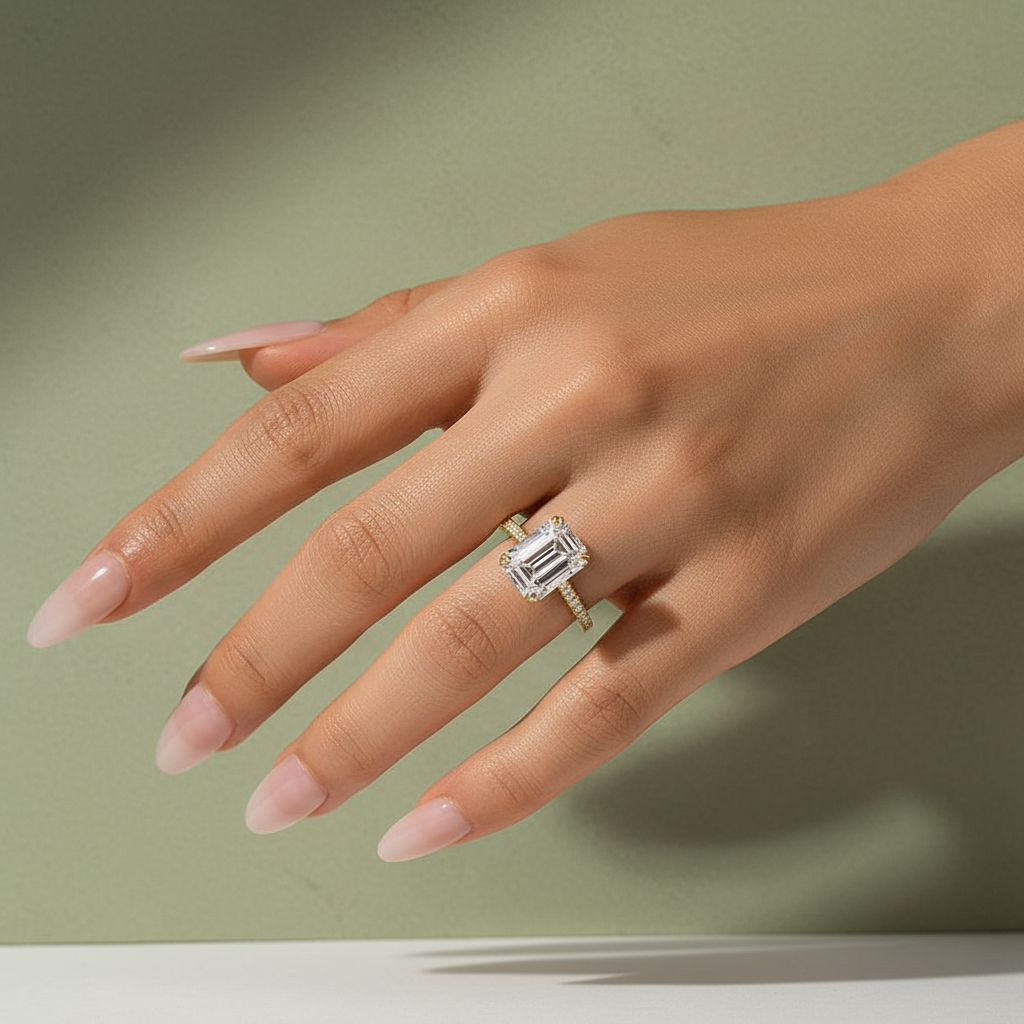 Gelovely Moissanite 4.5 Ct Emerald Cut Yellow Gold Engagement Ring