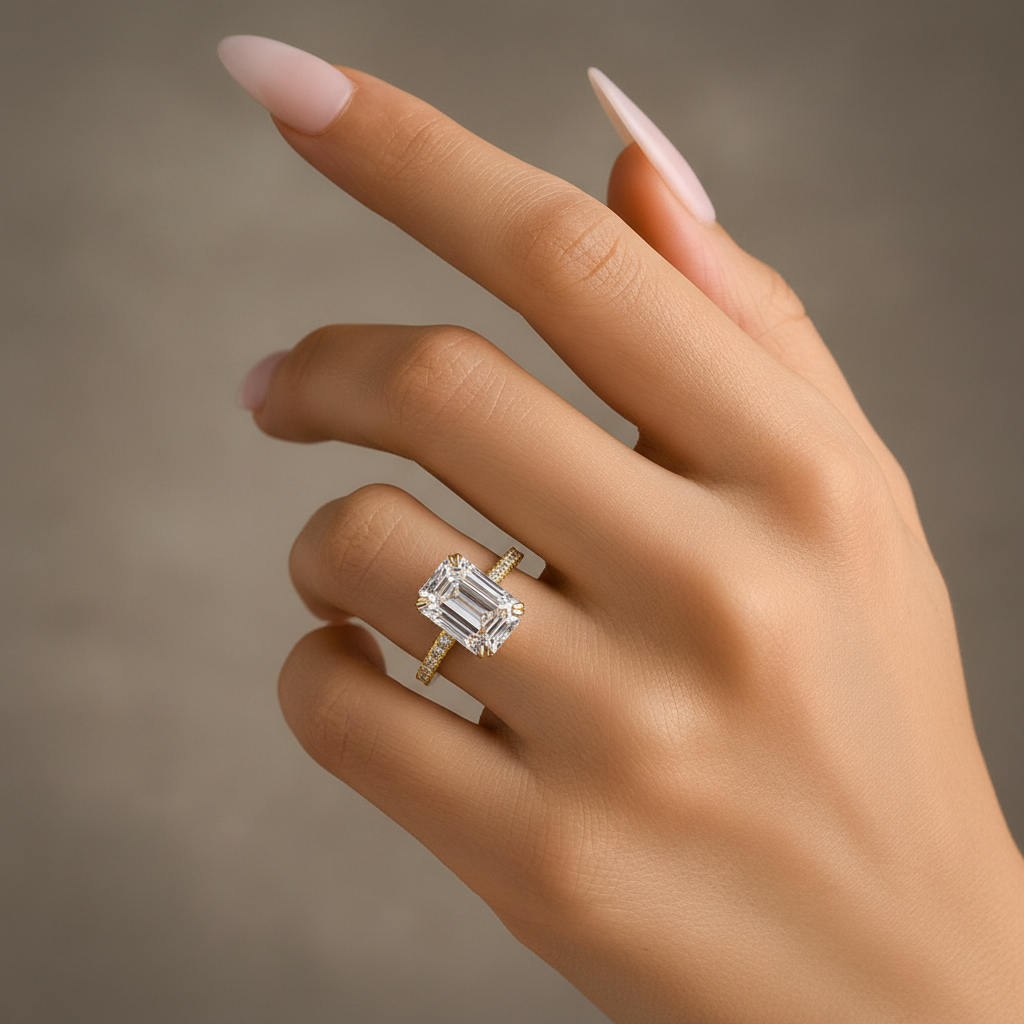 Gelovely Moissanite 4.5 Ct Emerald Cut Yellow Gold Engagement Ring