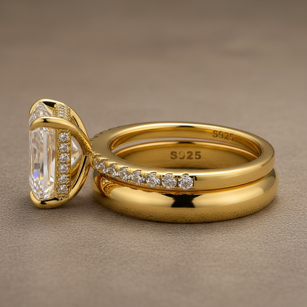 S925 Moissanite 3.5 Ct Radiant Cut Yellow Gold Wedding Ring Set with Wide Band