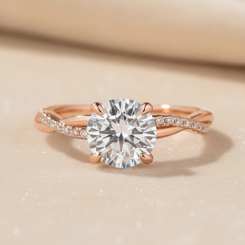 S925Moissanite 1.2ct~2.0ct Round Cut Twist Rose Gold Pave Promise Bridal Ring