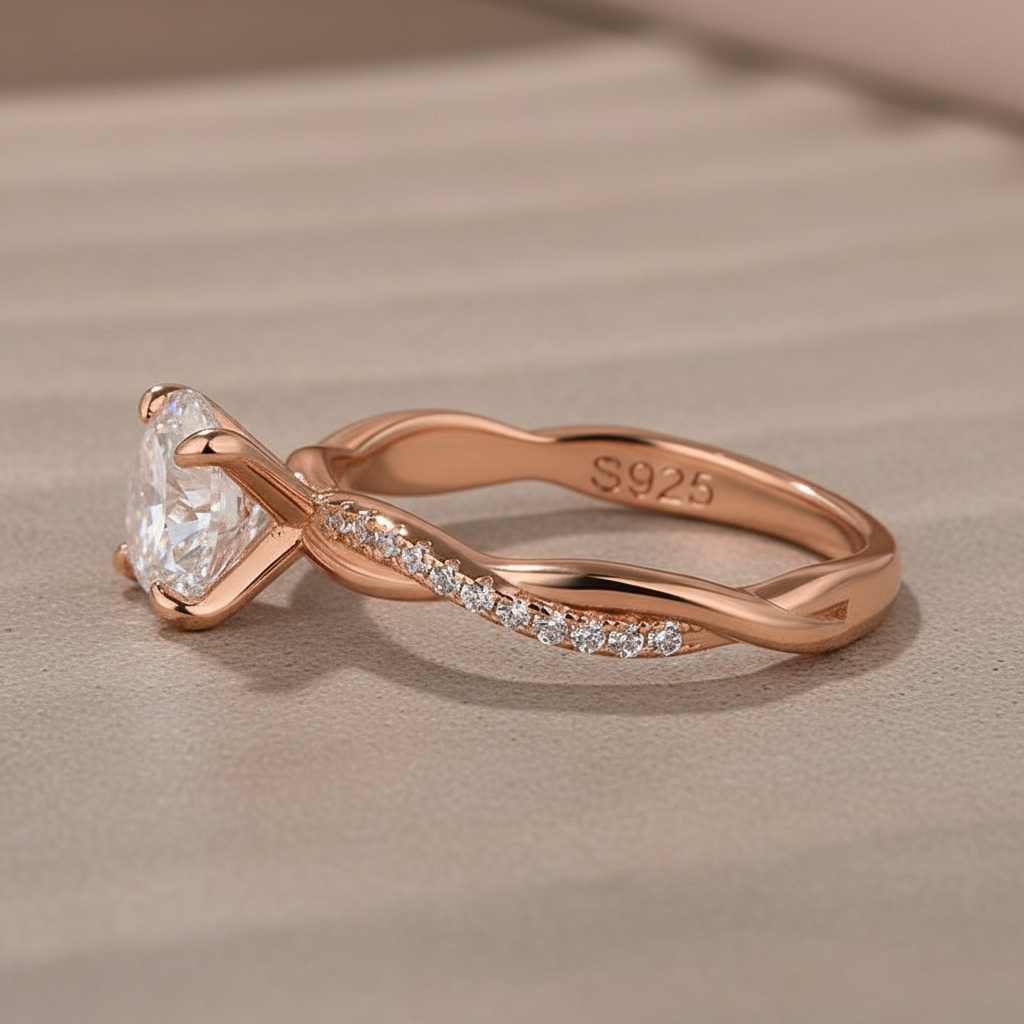 S925Moissanite 1.2ct~2.0ct Round Cut Twist Rose Gold Pave Promise Bridal Ring