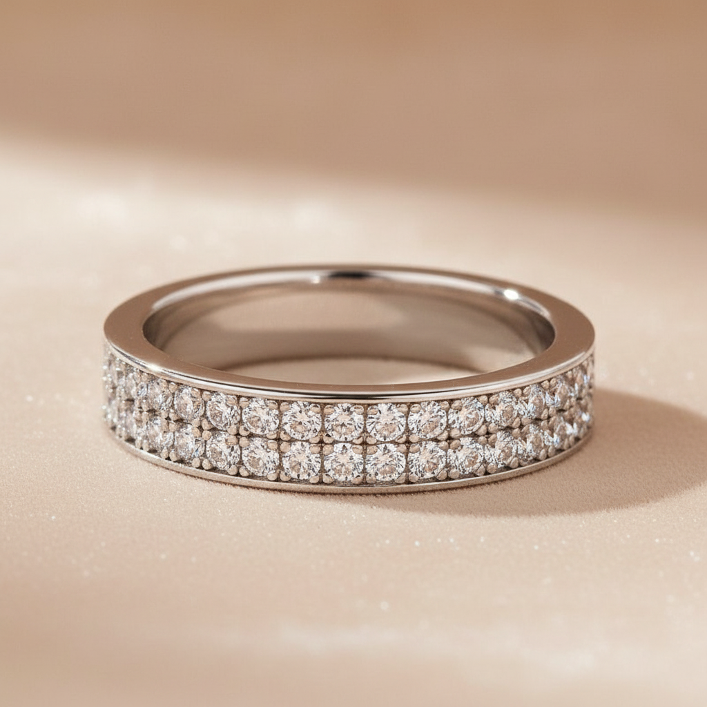 Half 1.0 Ct Round Cut Moissanite Wide Wedding Band In Sterling Silver