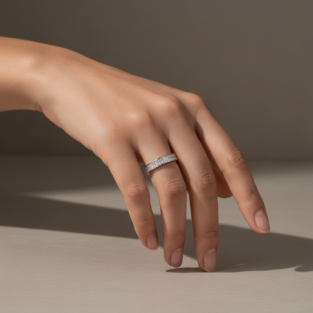 Half 1.0 Ct Round Cut Moissanite Wide Wedding Band In Sterling Silver