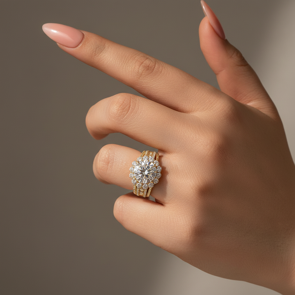 Halo Split Shank 4.0Ct Round Cut Yellow Gold Moissanite Engagement Ring