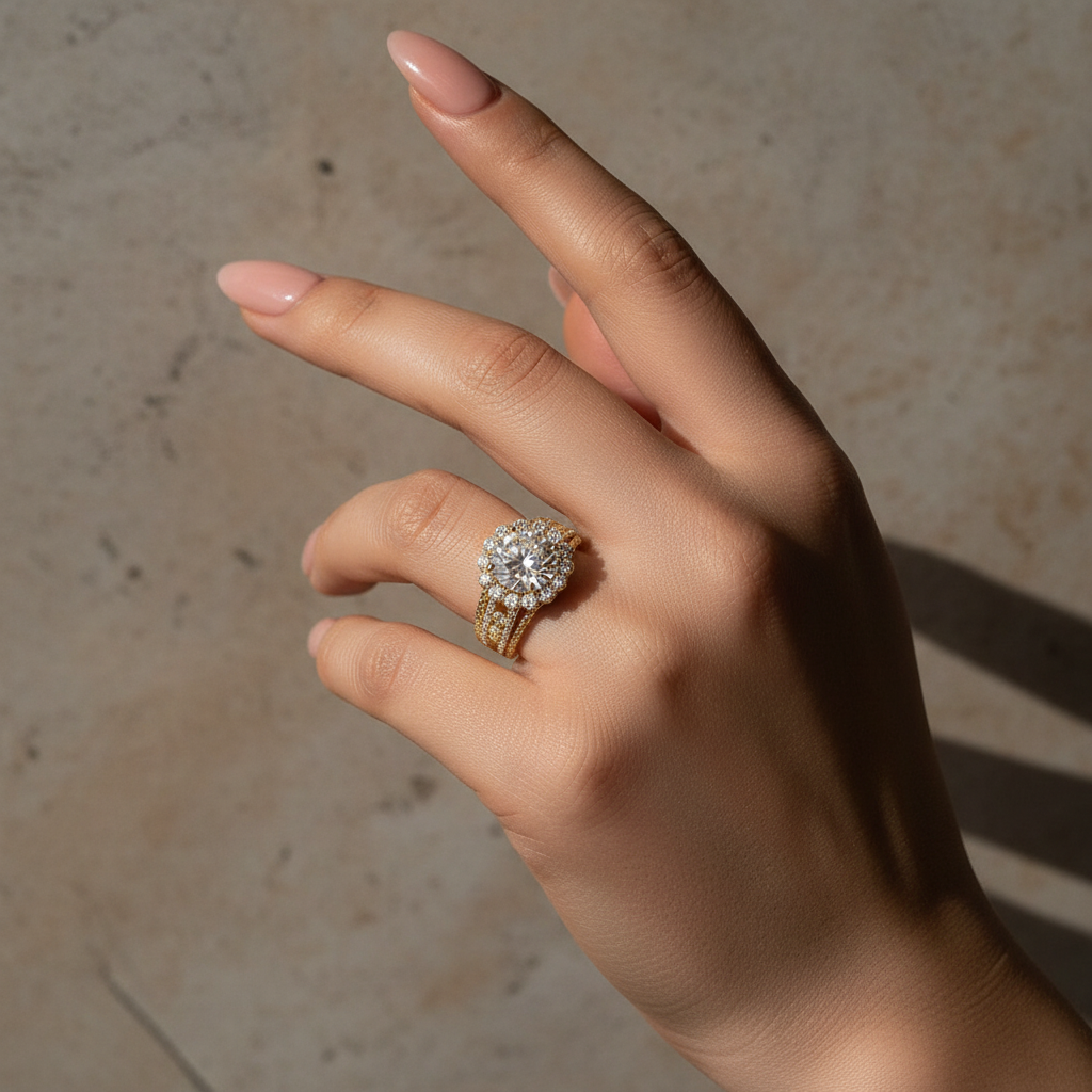 Halo Split Shank 4.0Ct Round Cut Yellow Gold Moissanite Engagement Ring