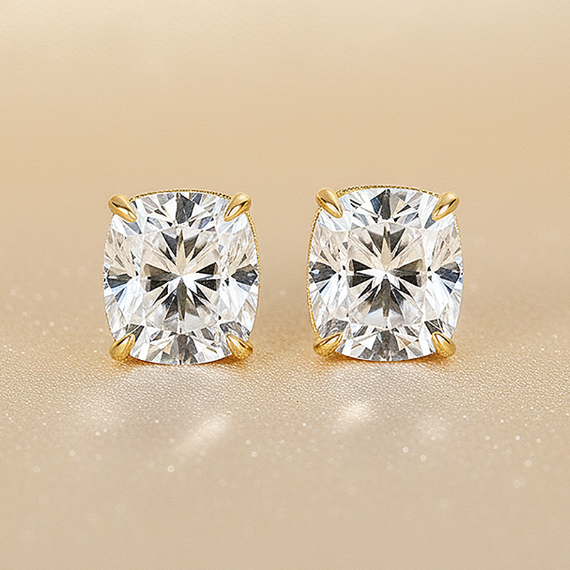 S925 Moissanite 2.0 Ct Diamond Yellow Gold 4 Prong Cushion Stud Earrings