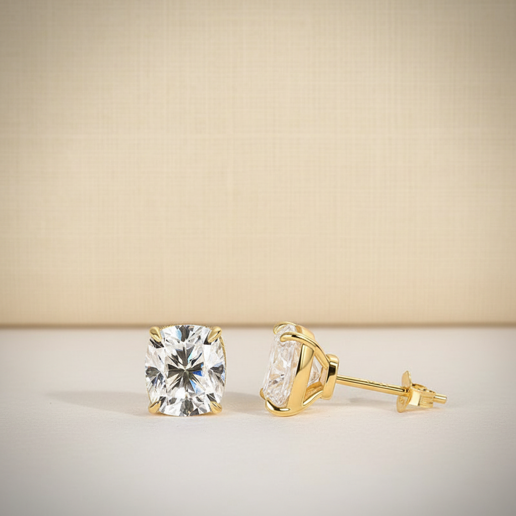 S925 Moissanite 2.0 Ct Diamond Yellow Gold 4 Prong Cushion Stud Earrings