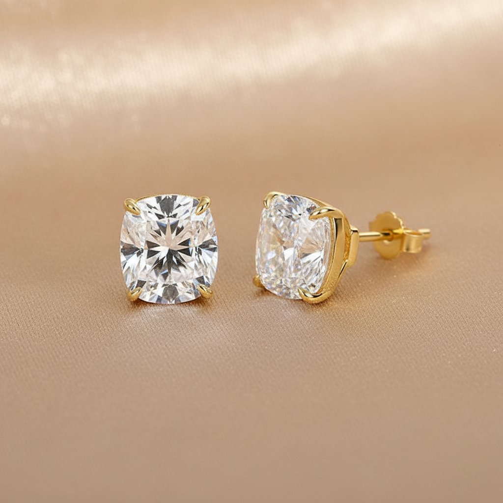 S925 Moissanite 2.0 Ct Diamond Yellow Gold 4 Prong Cushion Stud Earrings