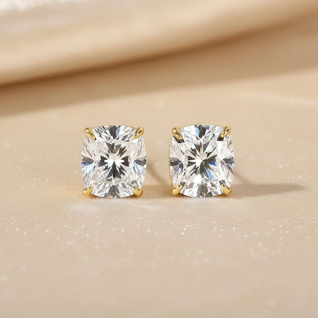 S925 Moissanite 2.0 Ct Diamond Yellow Gold 4 Prong Cushion Stud Earrings