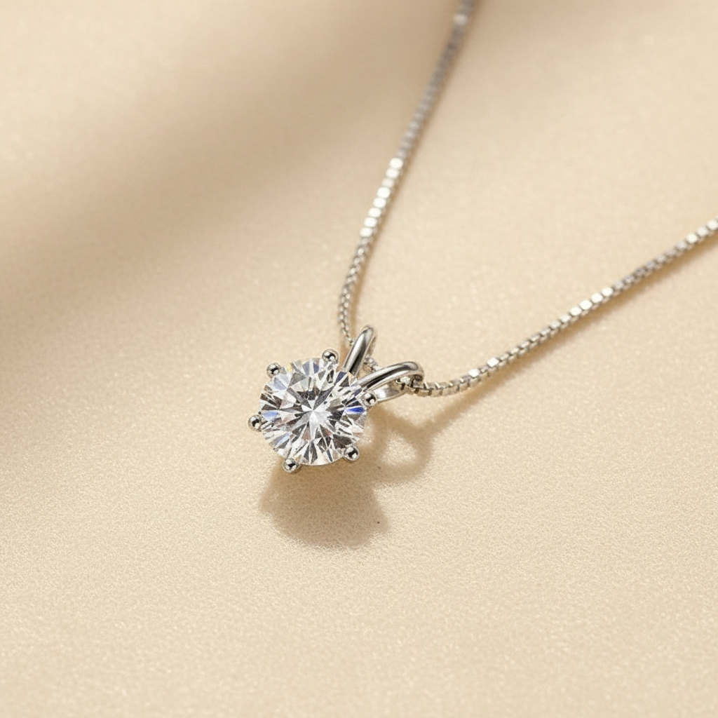 S925 Moissanite 1.0 Ct Round Cut White Gold 6 Prong Pendant Necklace