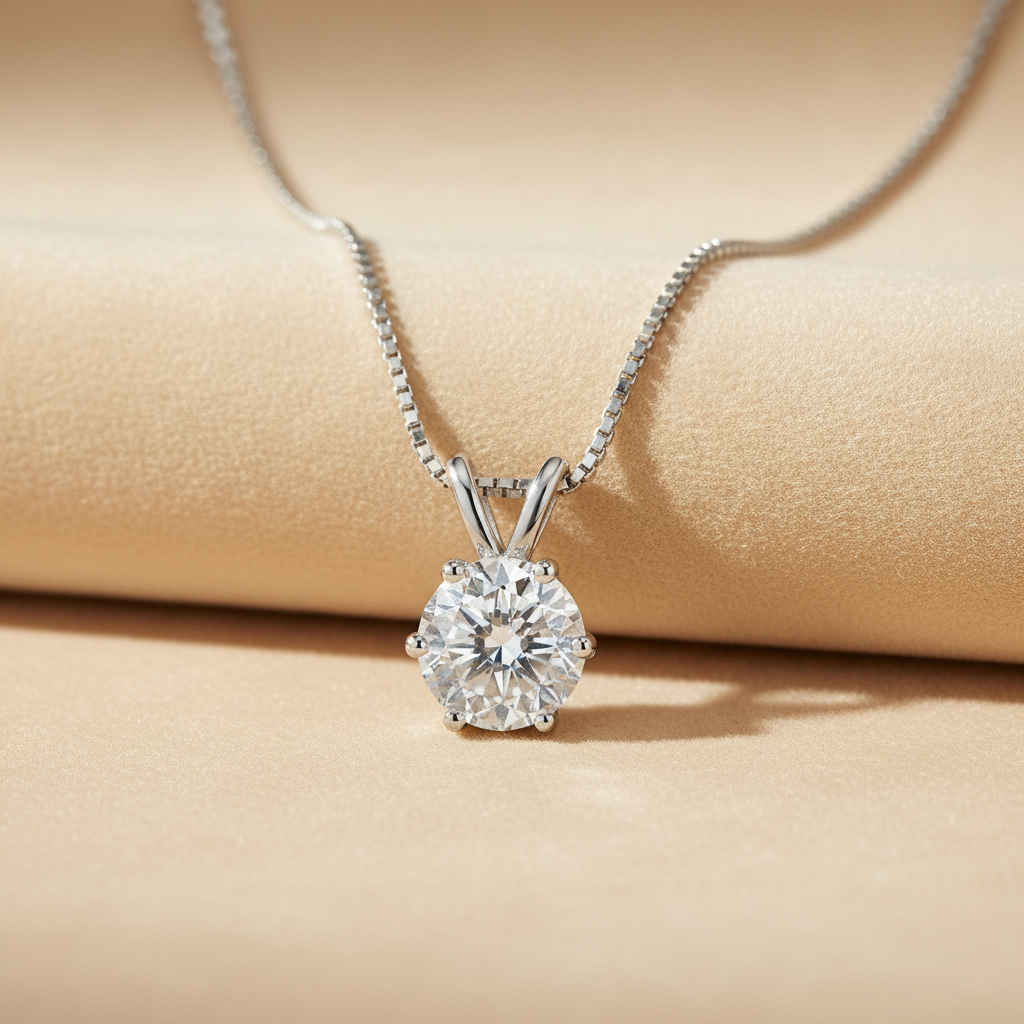 S925 Moissanite 1.0 Ct Round Cut White Gold 6 Prong Pendant Necklace