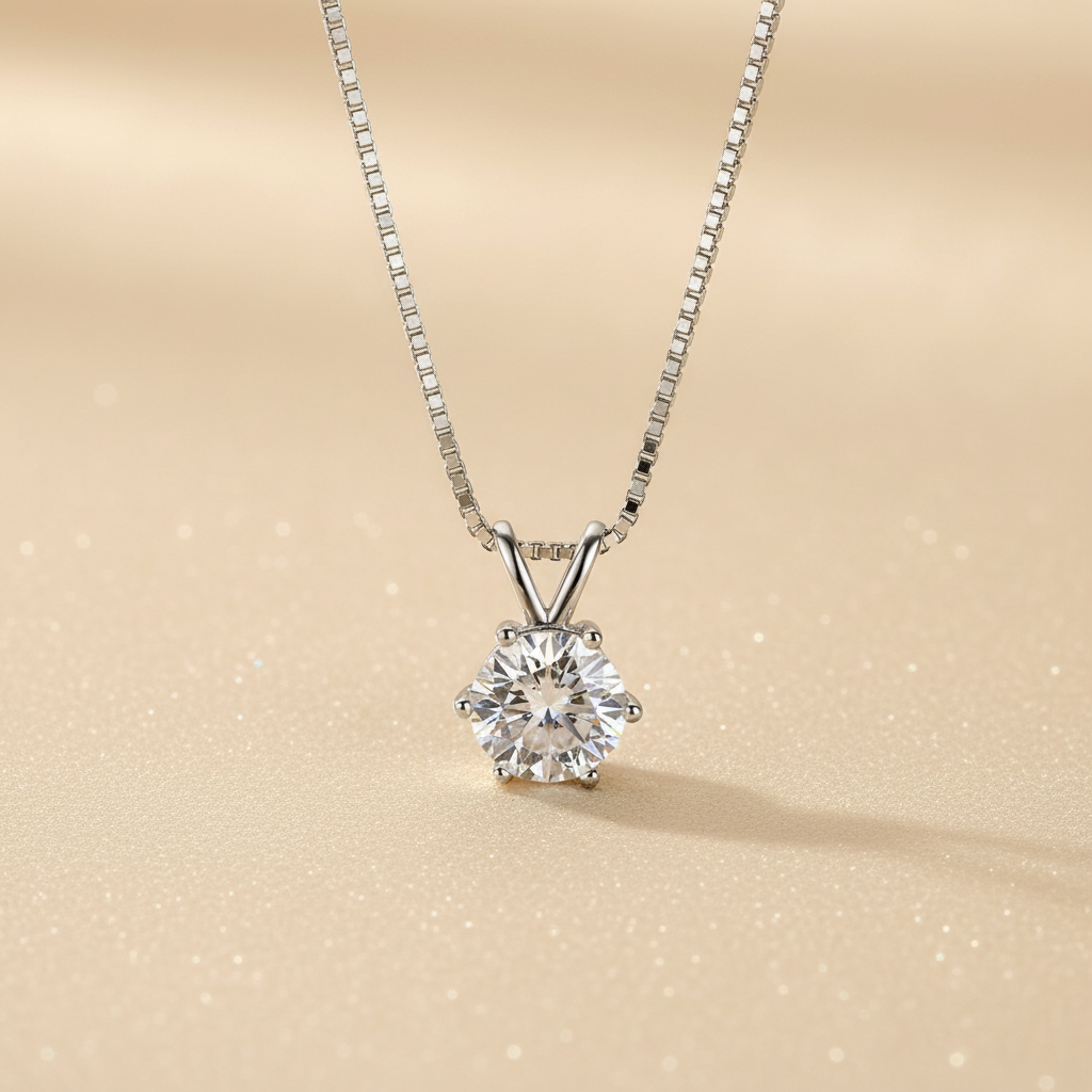 S925 Moissanite 1.0 Ct Round Cut White Gold 6 Prong Pendant Necklace