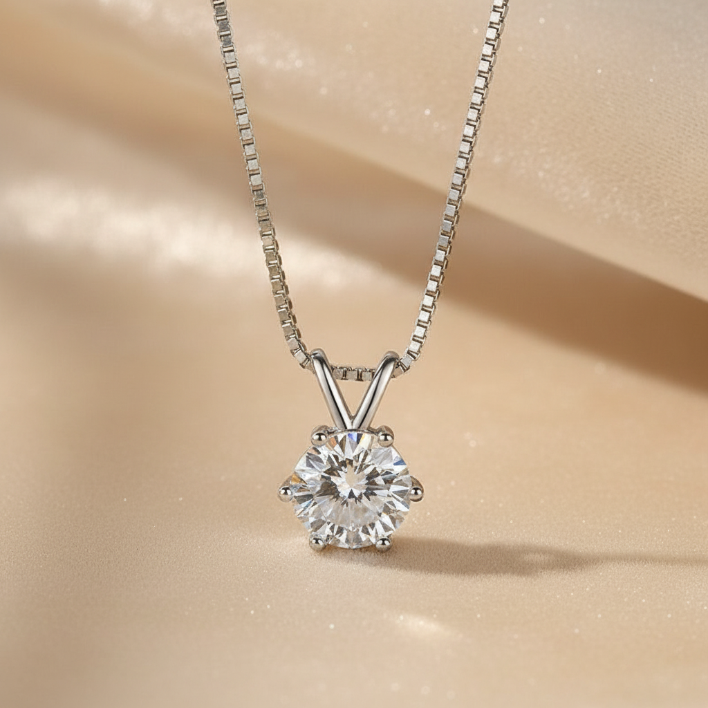 S925 Moissanite 1.0 Ct Round Cut White Gold 6 Prong Pendant Necklace