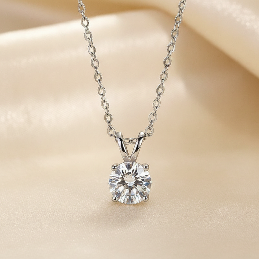 S925 Moissanite 1.0 Ct Round Cut White Gold 4 Prong Pendant Necklace