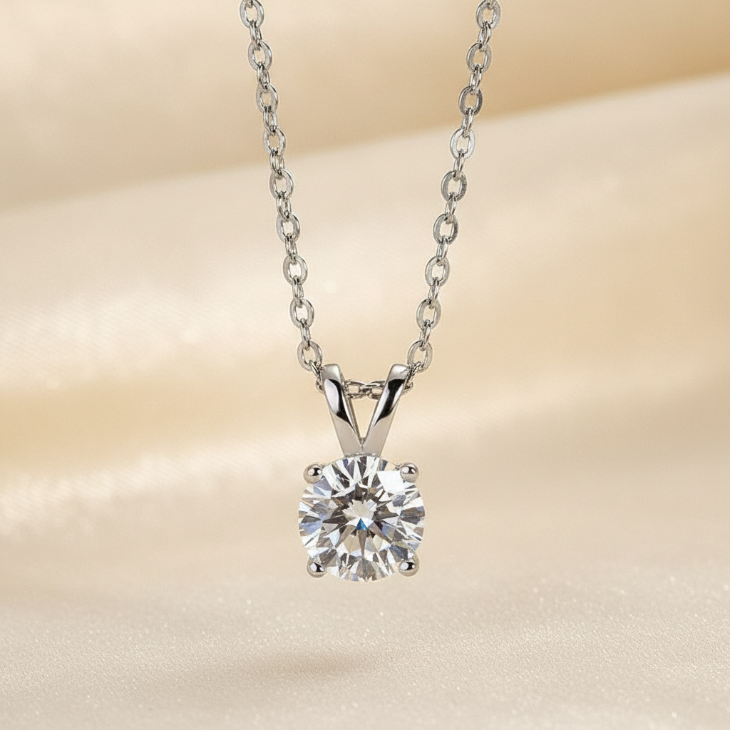 S925 Moissanite 1.0 Ct Round Cut White Gold 4 Prong Pendant Necklace