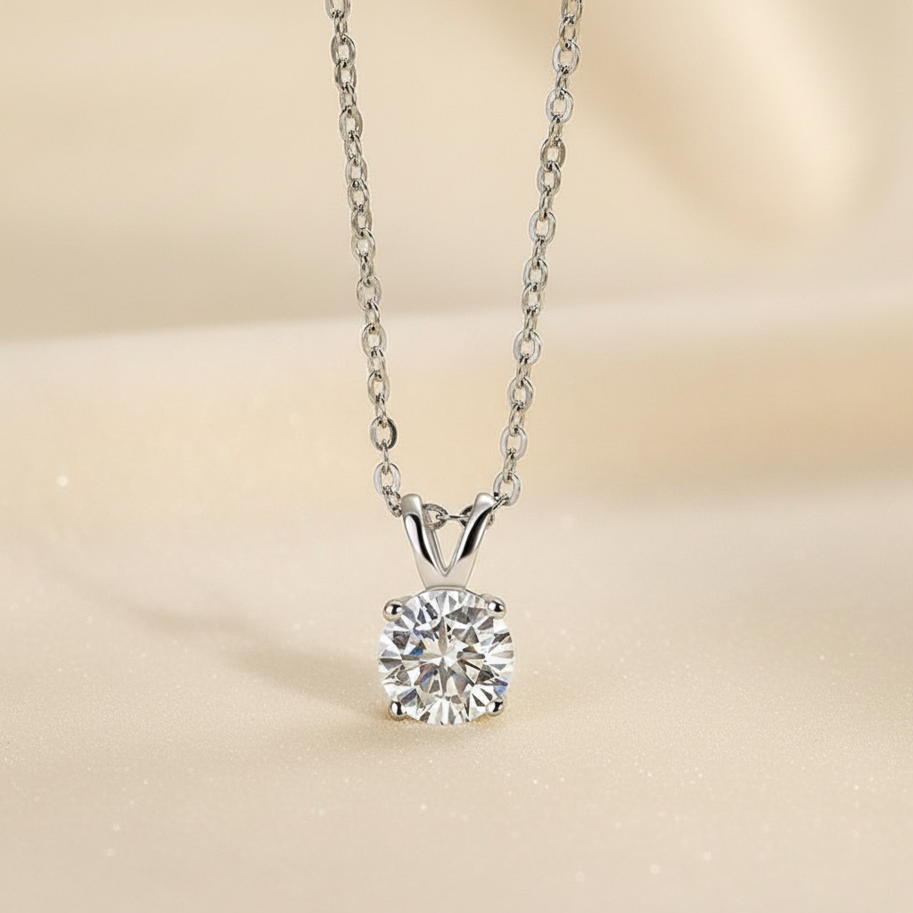 S925 Moissanite 1.0 Ct Round Cut White Gold 4 Prong Pendant Necklace