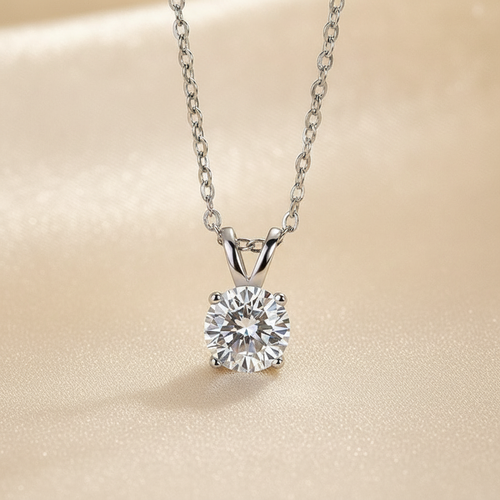 S925 Moissanite 1.0 Ct Round Cut White Gold 4 Prong Pendant Necklace