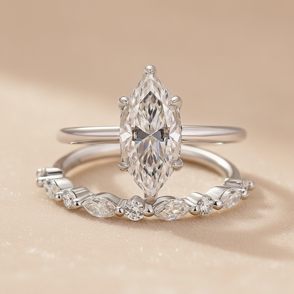 Moissanite 2.0 Ct Marquise Cut Solitaire White Gold Engagement Ring with Round & Marquise Accents Bands