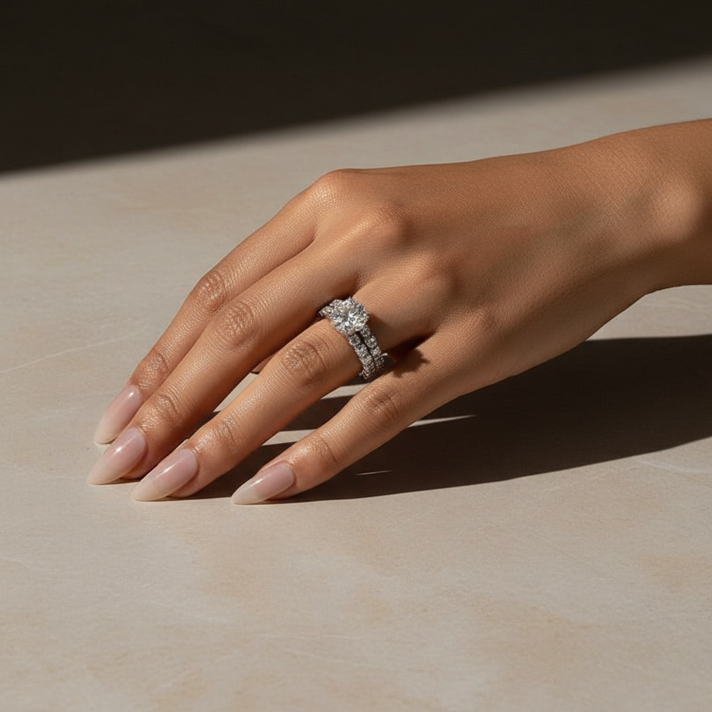 Moissanite 2.0Ct~4.0Ct Round Cut Side Stone White Gold Travel Bridal Set