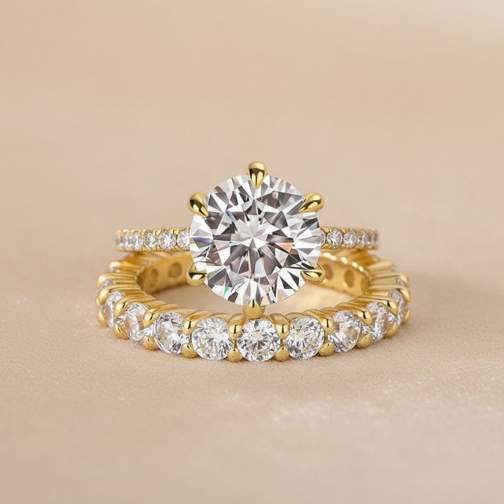 Moissanite 3.0Ct Round Cut Yellow Gold Wedding Ring Set