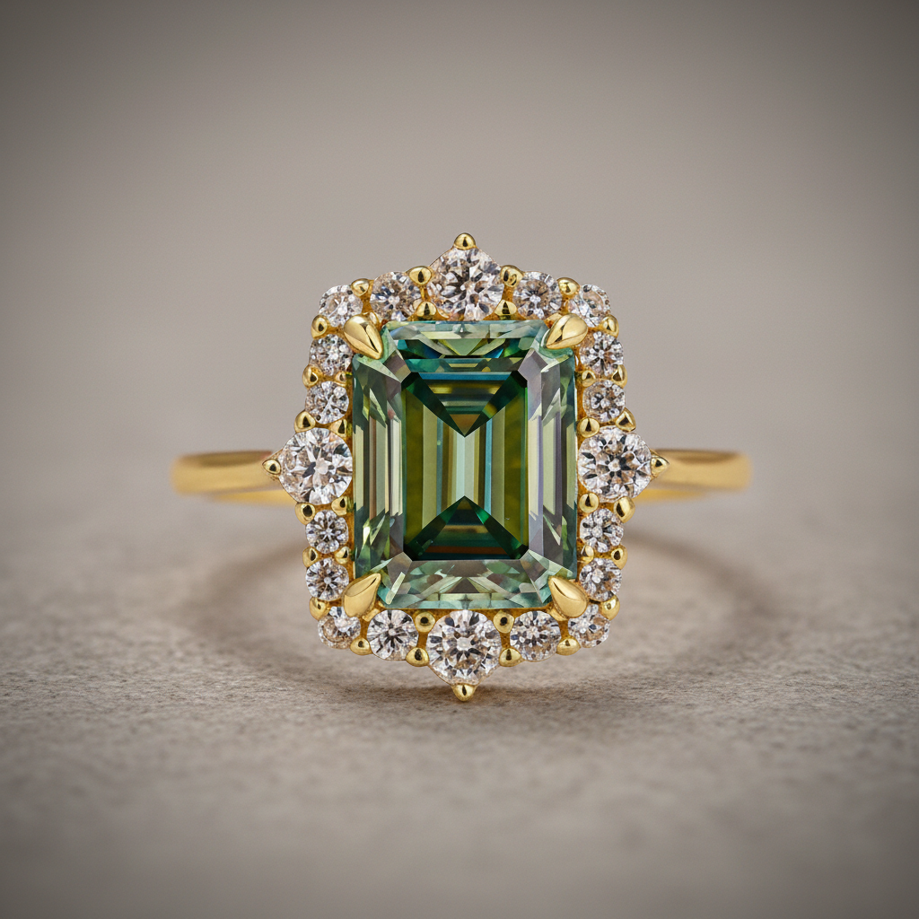 Moissanite 3.0Ct Yellow Gold Halo Emerald Stone Emerald Cut Engagement Ring