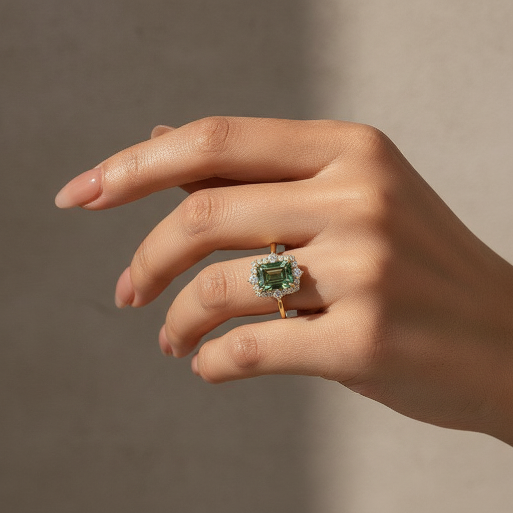 Moissanite 3.0Ct Yellow Gold Halo Emerald Stone Emerald Cut Engagement Ring