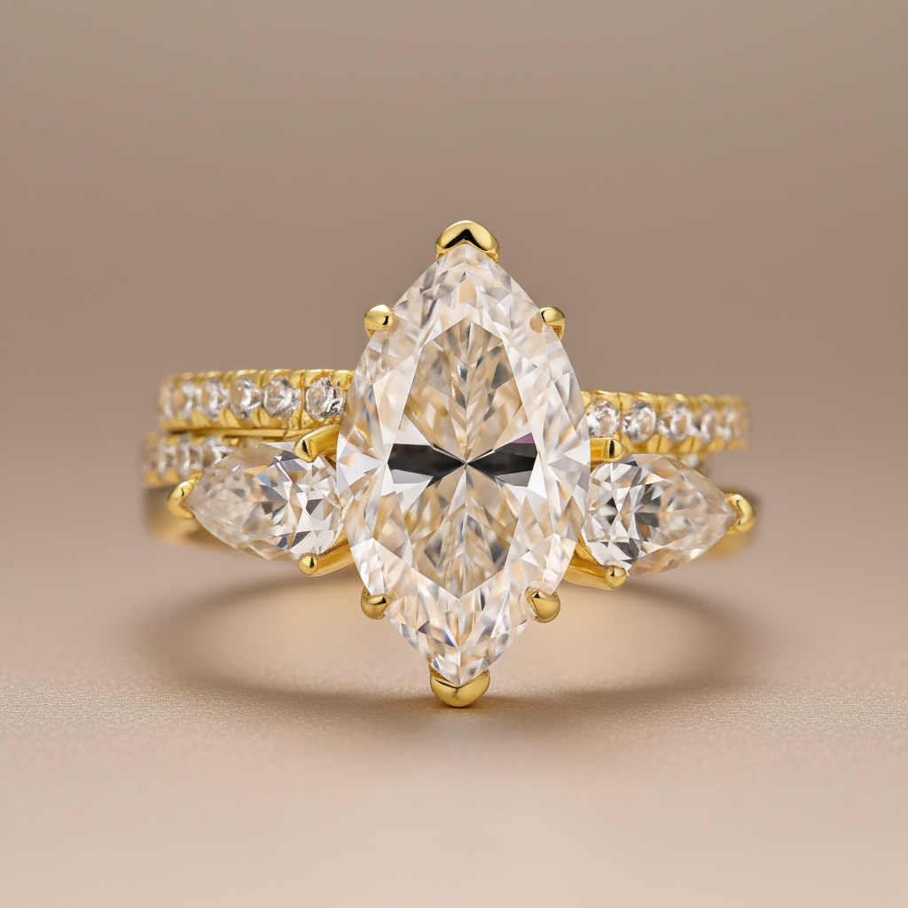 Moissanite 4.0Ct Marquise Cut Yellow Gold Wedding Ring with Open Pear Cut Enhancer Ring