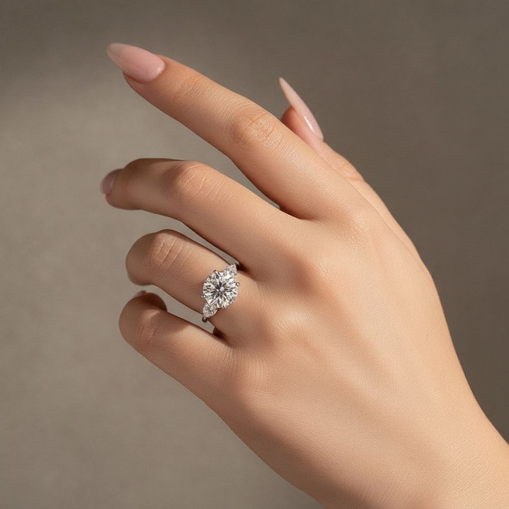 Moissanite 4.0 Ct Round Cut White Gold Engagement Ring with Pear Cut Side Stone