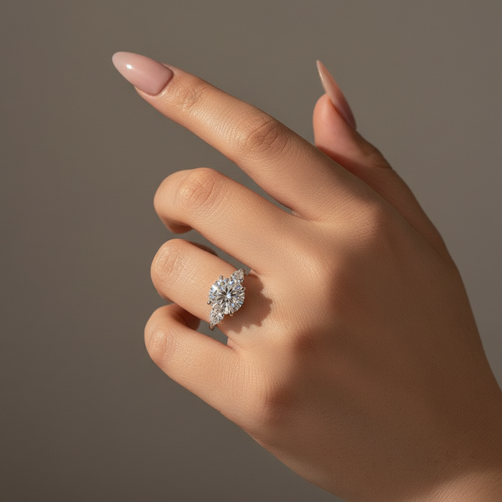 Moissanite 4.0 Ct Round Cut White Gold Engagement Ring with Pear Cut Side Stone