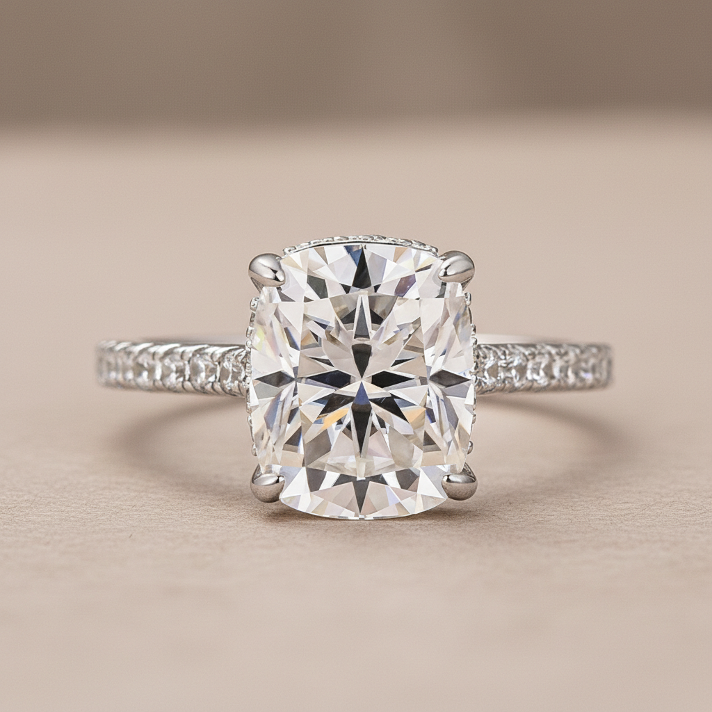 Moissanite Hidden Halo 4.0Ct Cushion Cut White Gold Engagement Ring