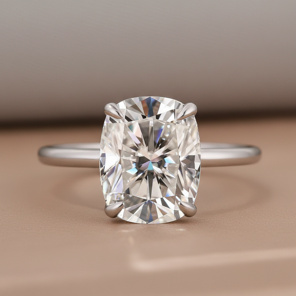 Moissanite Solitaire 4.0 Ct Cushion Cut White Gold Engagement Ring