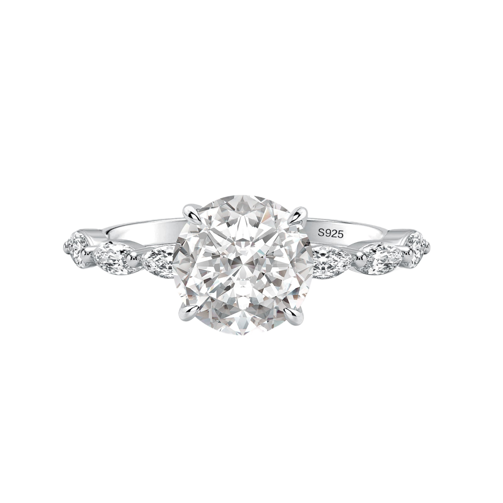 S925 Moissanite 2.0 Ct Round Cut with Marquise Side Stones Hidden Halo Engagement Ring