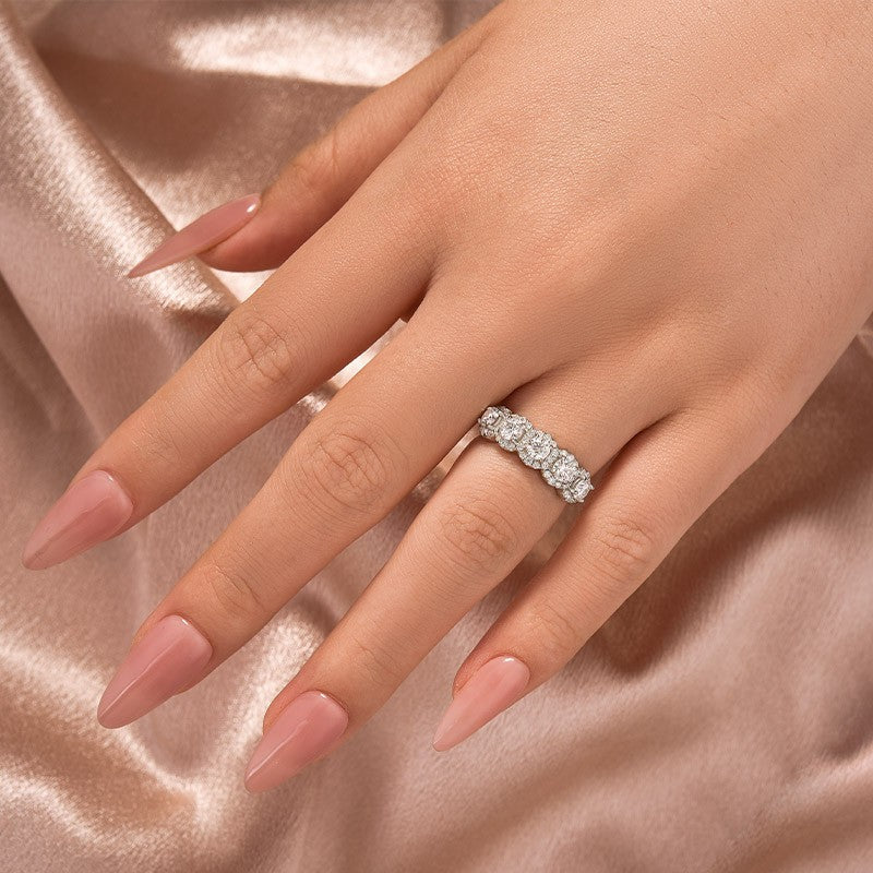1.3Ct Round Cut Moissanite Five Stone Wedding Band Halo Design in Sterling Silver