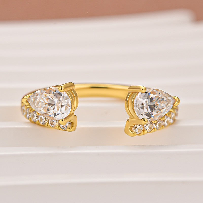 S925 Moissanite 1.0Ct Pear Cut Gold Plated Open Wedding Band In Sterling Silver