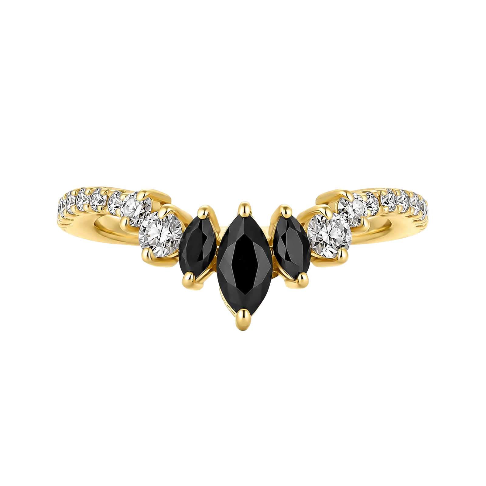S925 Moissanite 0.7Ct V‑Shape Marquise Black Stone & White Side Stones Stackable Travel Ring For Women
