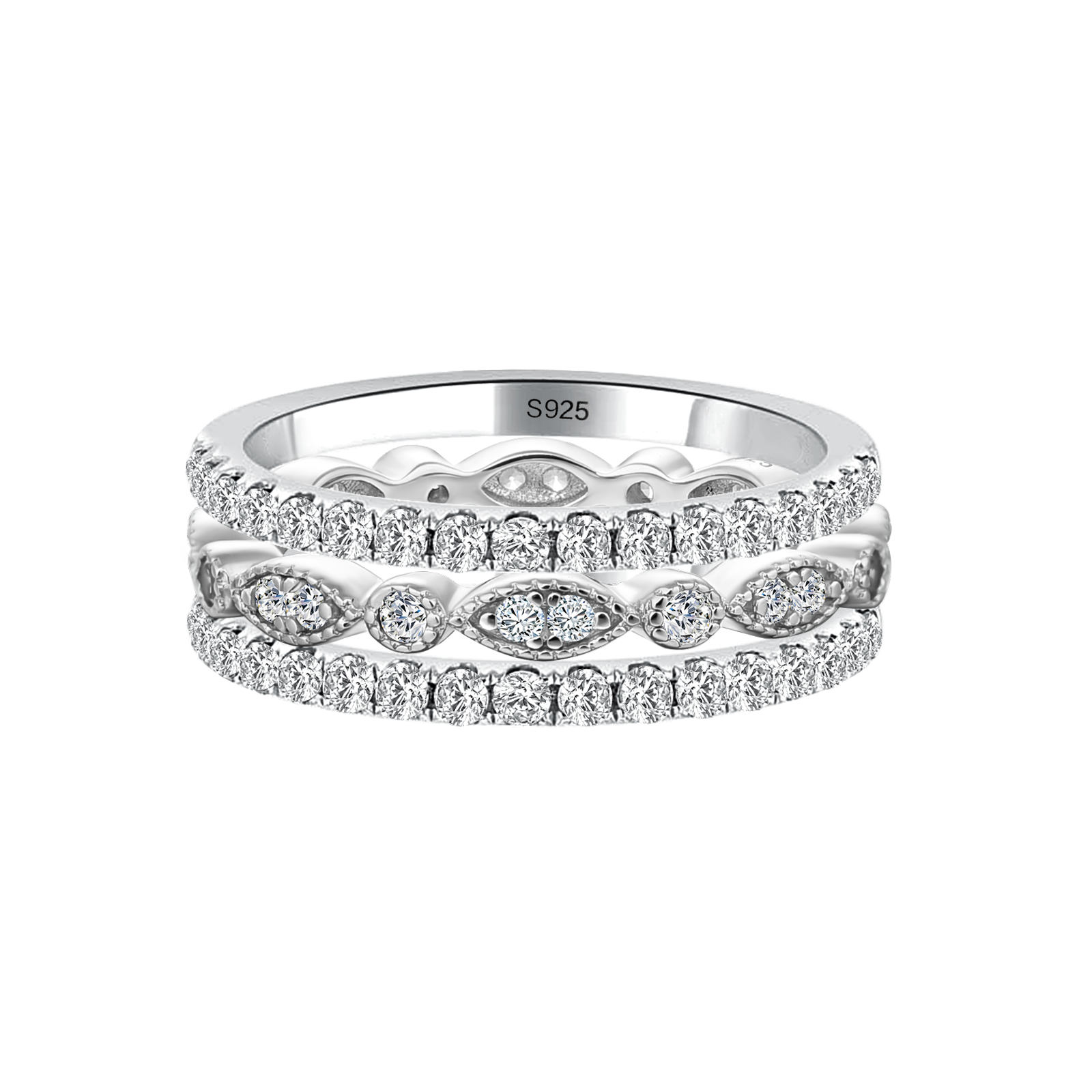 Eternity 3PCS Stacking Moissanite Wedding Band Set In White Gold Plated