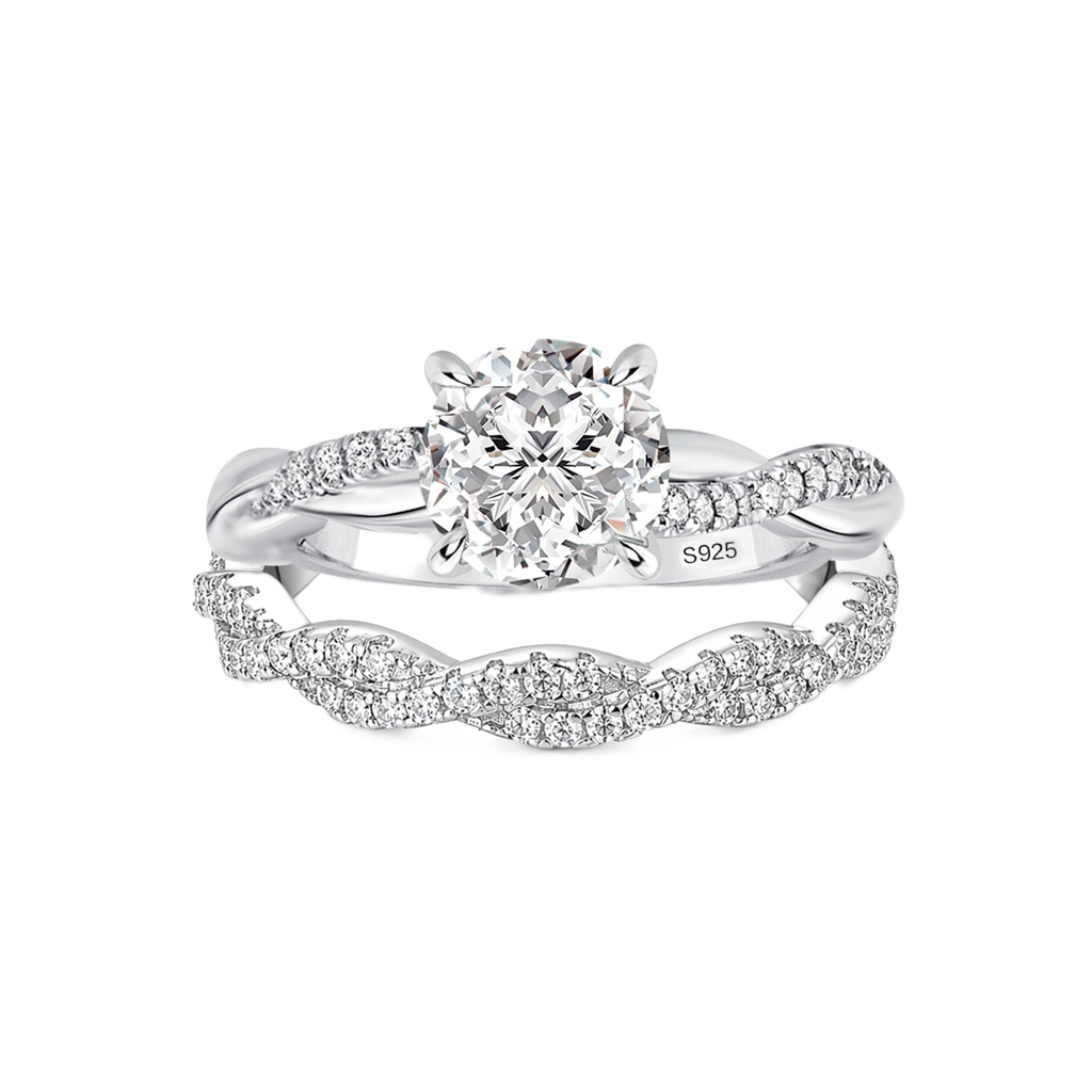 S925 Moissanite Twist 1.2Ct Round Cut 18K White Gold Pave Engagement Ring with Twist Wedding Band