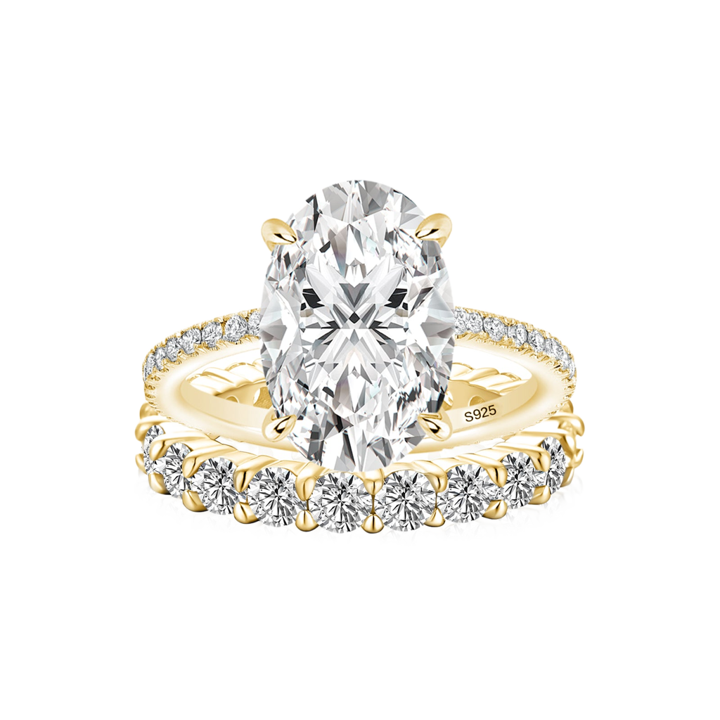S925 Moissanite 4Ct Oval Hidden Halo Bridal Set Gold Plated Stackable Promise Wedding Ring For Women